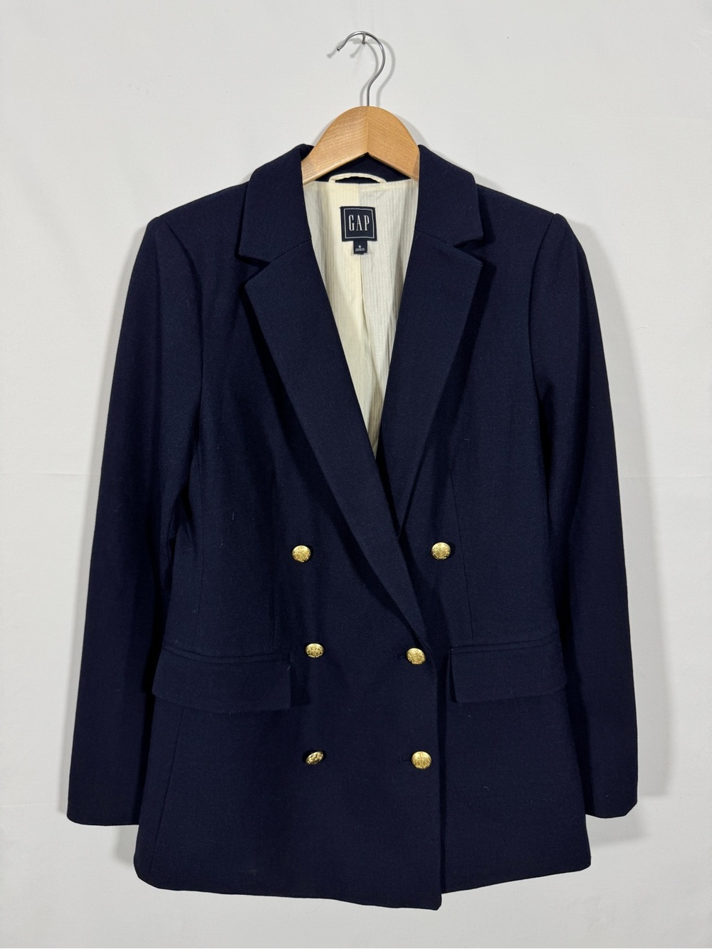 WBZ1 {GAP} Navy Blue Long Length Double Breasted Sailor Button Blazer Suit Coat